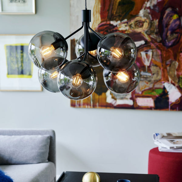 Ivona 6 Light Pendant In Black with Smoked Glass Shades