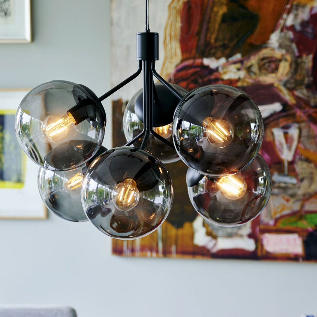 Ivona 6 Light Pendant In Black with Smoked Glass Shades