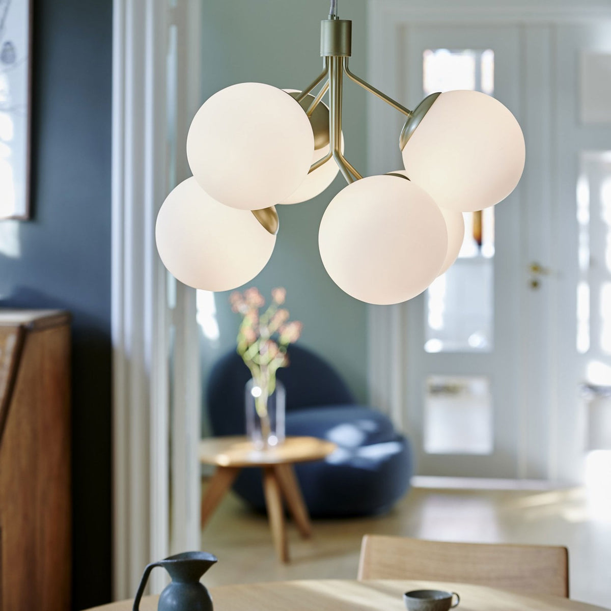 Ivona 6 Light Pendant In Brass with Opal Glass Shades