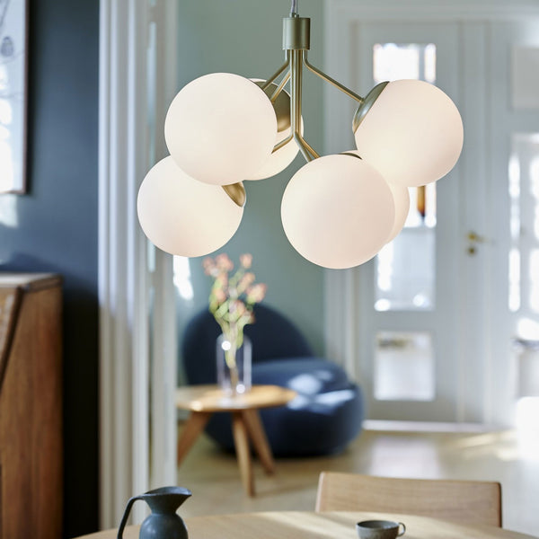 Ivona 6 Light Pendant In Brass with Opal Glass Shades