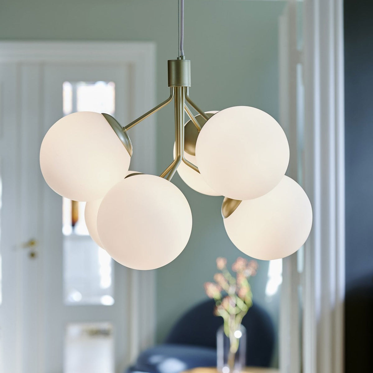 Ivona 6 Light Pendant In Brass with Opal Glass Shades