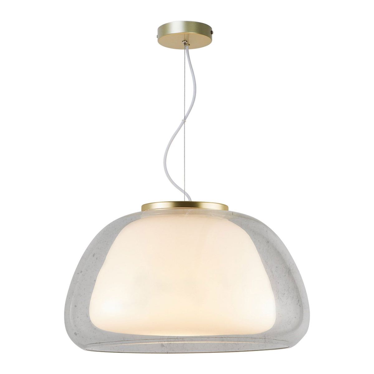 A close-up studio shot of the illuminated pendant light with a clear and white glass shade.