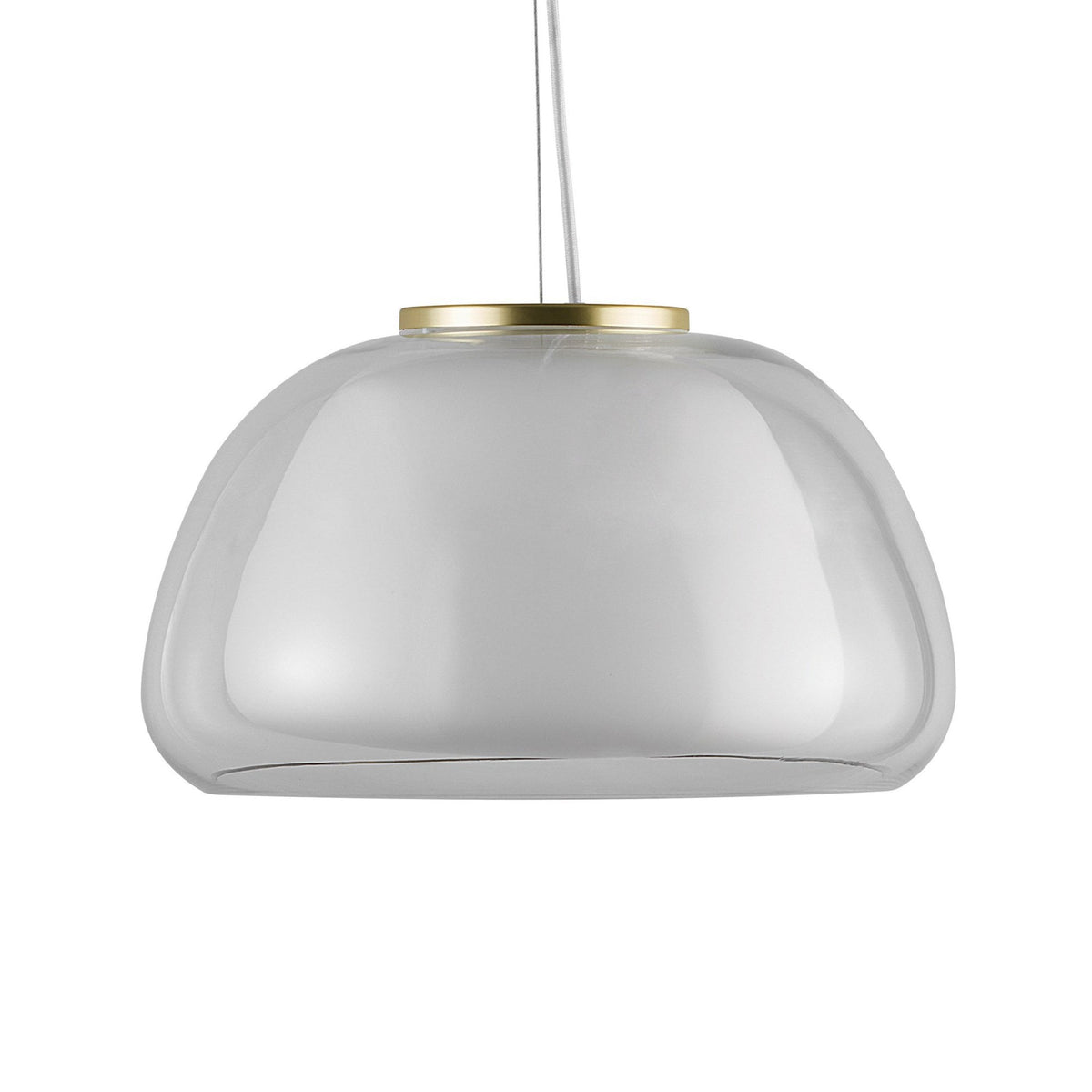 A close-up studio shot of the pendant light with an unlit clear and white glass shade.