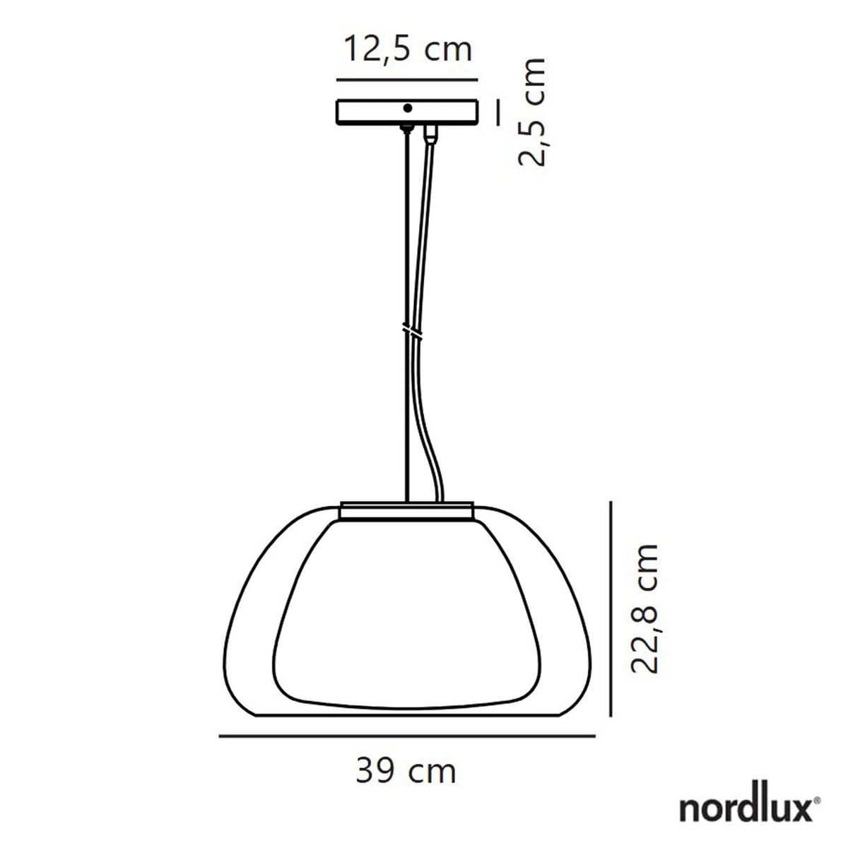 A diagram illustrating the dimensions of the pendant light, including height and width measurements.