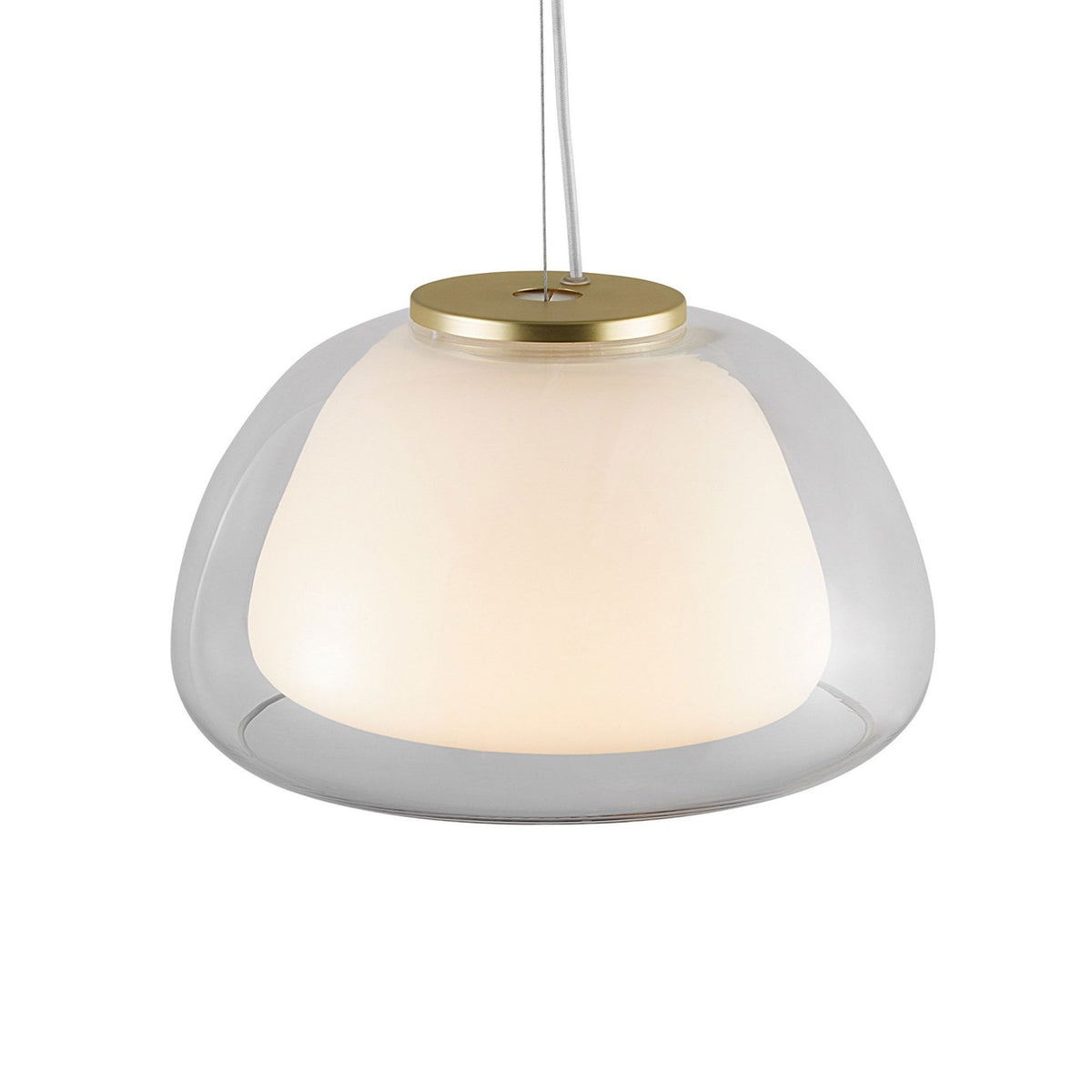 A studio shot of the illuminated pendant light, highlighting its design and warm glow.