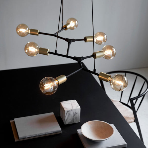 Josefine 7 Light Industrial Style Pendant in Black with Brass Detail