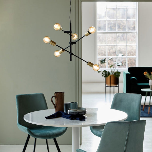 Josefine 6 Light Industrial Style Pendant in Black with Brass Detail