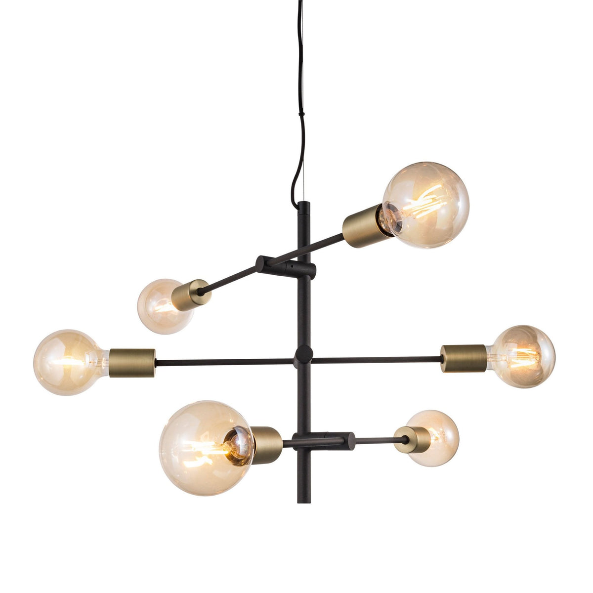 Josefine 6 Light Industrial Style Pendant in Black with Brass Detail