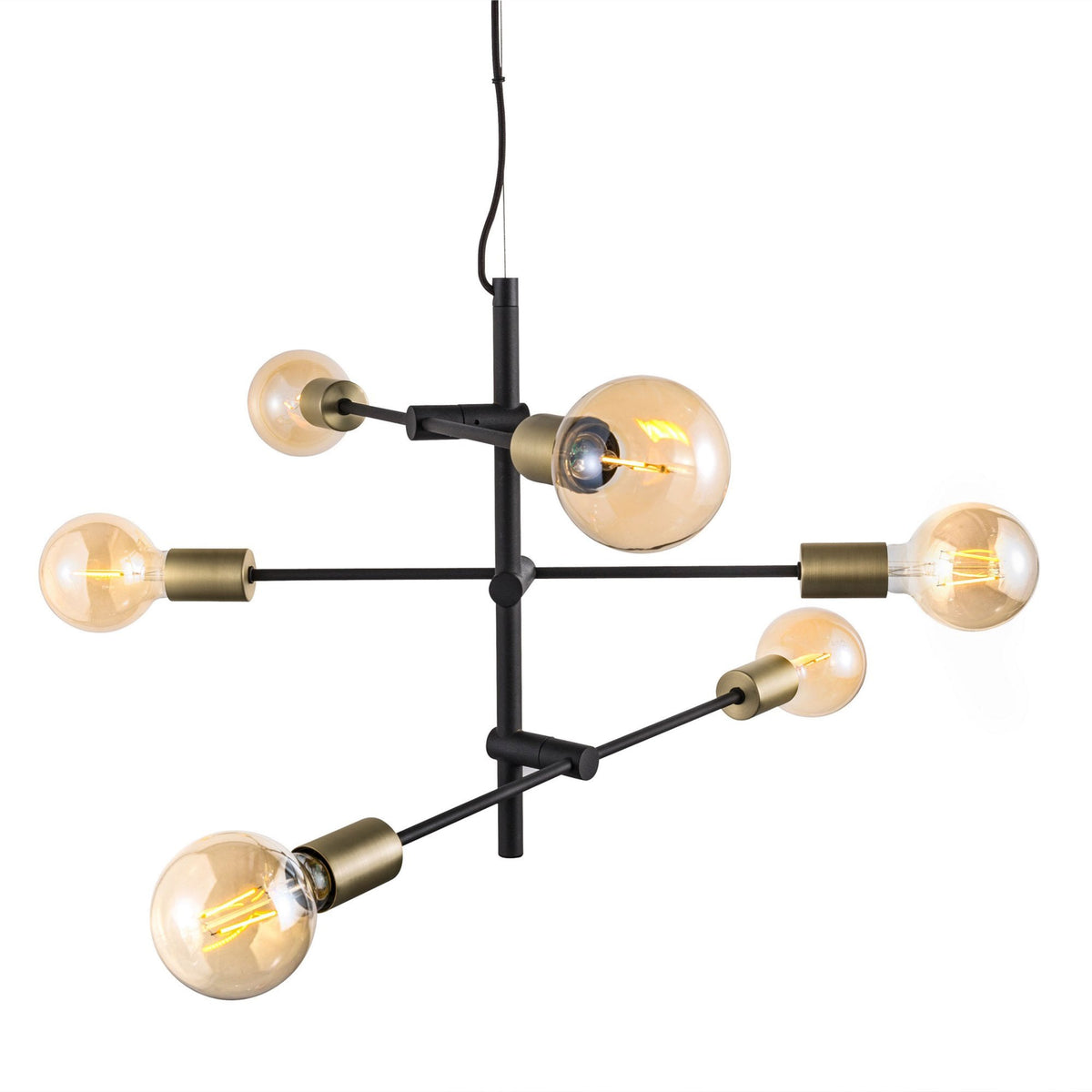 Josefine 6 Light Industrial Style Pendant in Black with Brass Detail