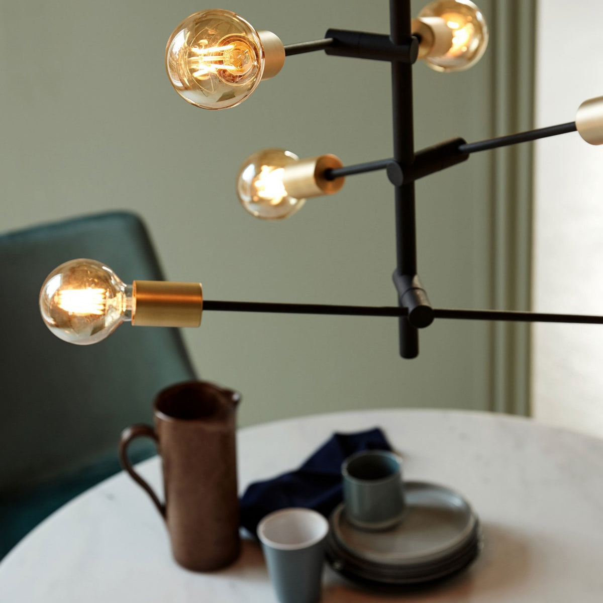 Josefine 6 Light Industrial Style Pendant in Black with Brass Detail
