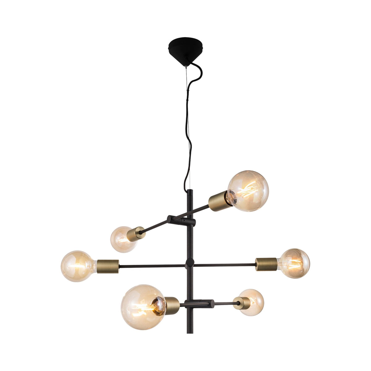 Josefine 6 Light Industrial Style Pendant in Black with Brass Detail