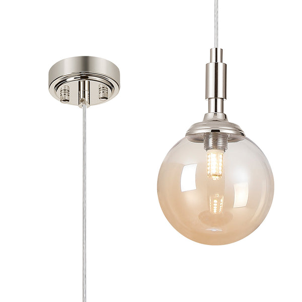 Loughton IP44 Single Drop Pendant in Polished Nickel with Smooth Round Glass Amber Diffuser