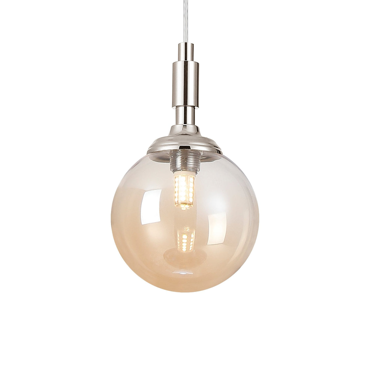 Loughton IP44 Single Drop Pendant in Polished Nickel with Smooth Round Glass Amber Diffuser