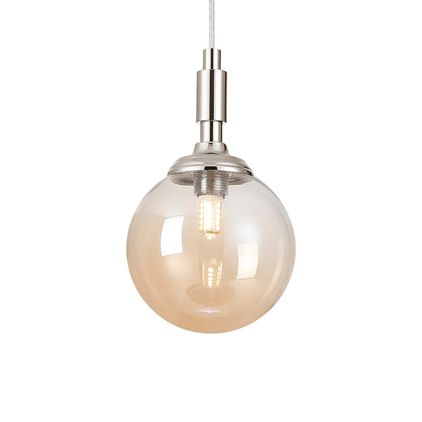 Loughton IP44 Single Drop Pendant in Polished Nickel with Smooth Round Glass Amber Diffuser