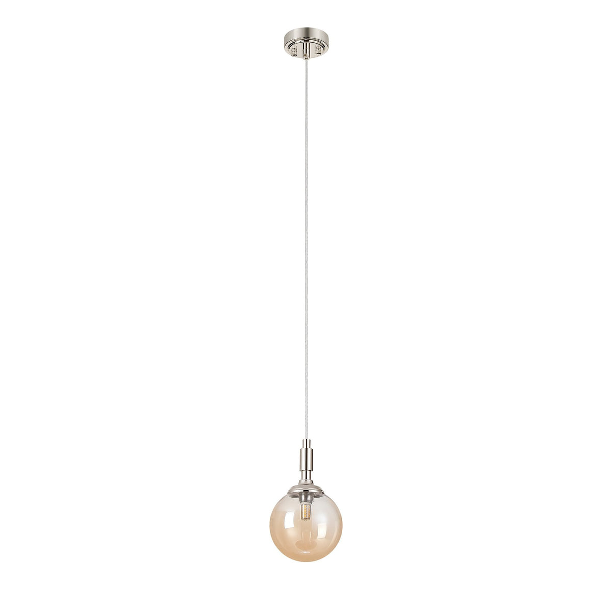 Loughton IP44 Single Drop Pendant in Polished Nickel with Smooth Round Glass Amber Diffuser