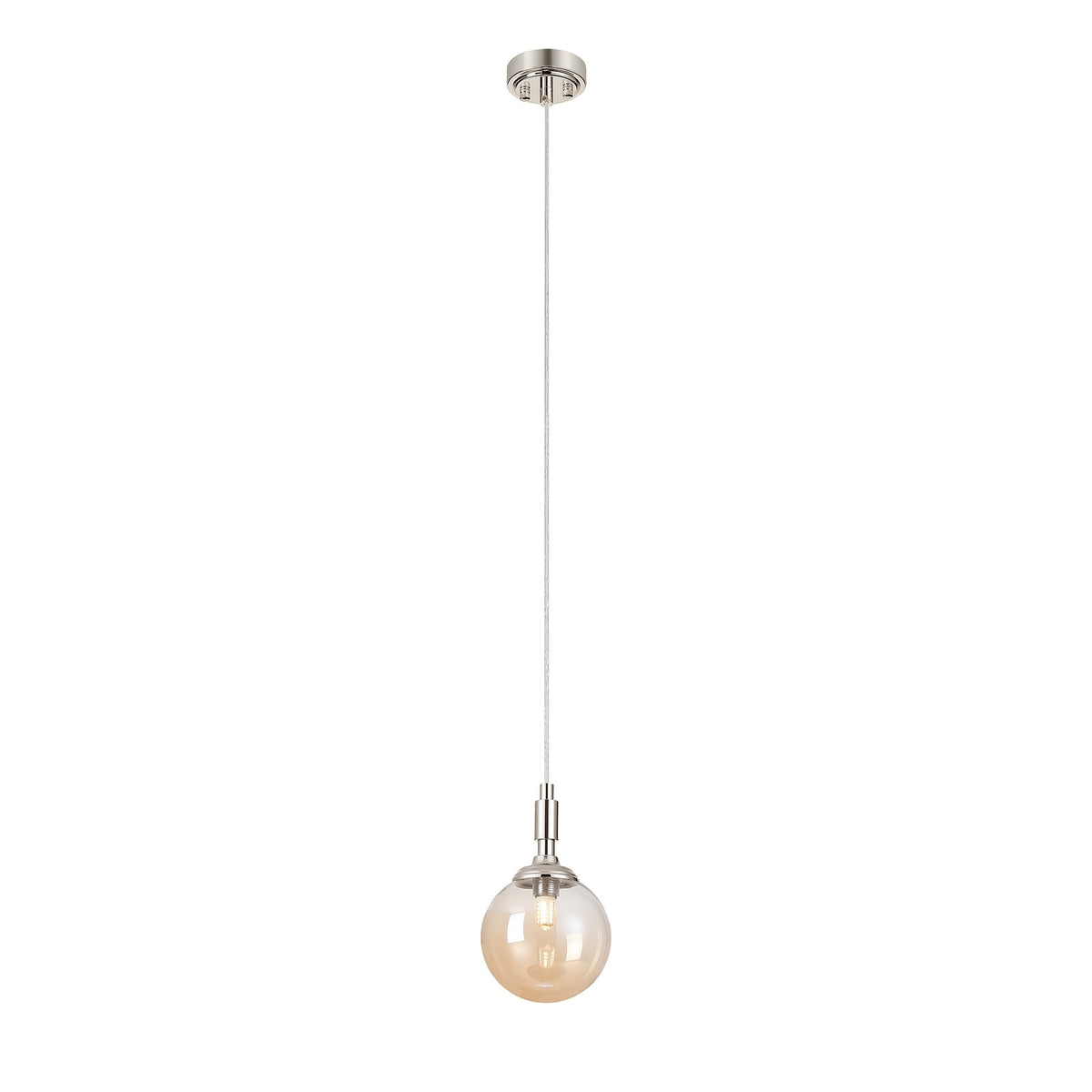 Loughton IP44 Single Drop Pendant in Polished Nickel with Smooth Round Glass Amber Diffuser