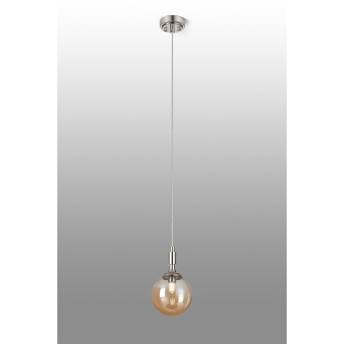Loughton IP44 Single Drop Pendant in Polished Nickel with Smooth Round Glass Amber Diffuser