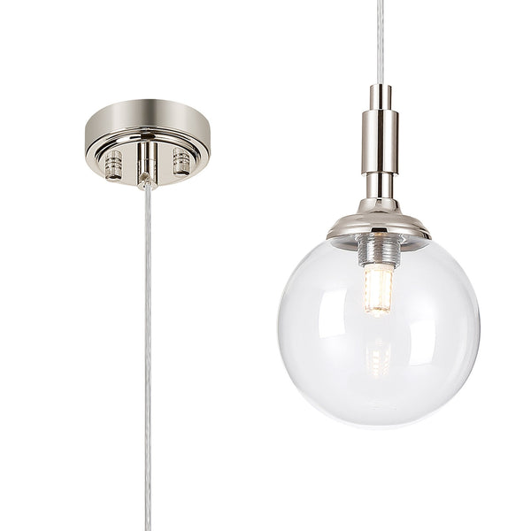 Loughton IP44 Single Drop Pendant in Polished Nickel with Smooth Round Glass Clear Diffuser