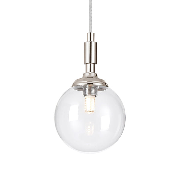 Loughton IP44 Single Drop Pendant in Polished Nickel with Smooth Round Glass Clear Diffuser