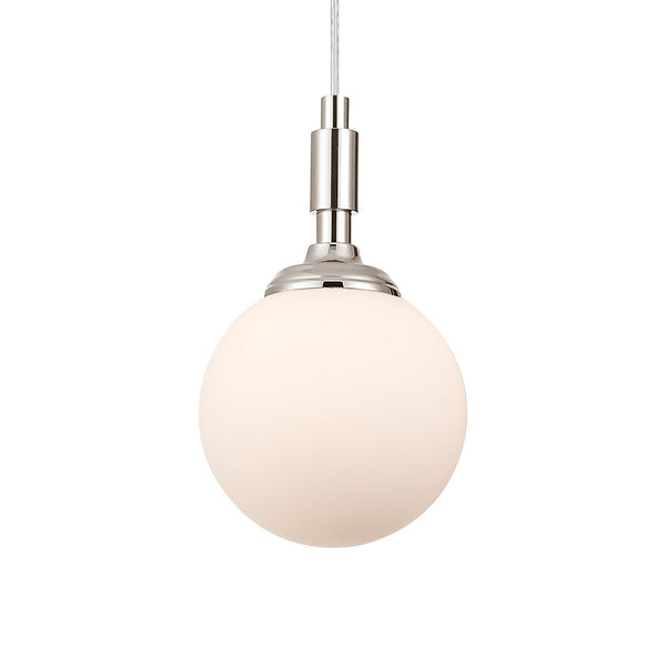 Loughton IP44 Single Drop Pendant in Polished Nickel with Smooth Round Glass Opal Diffuser