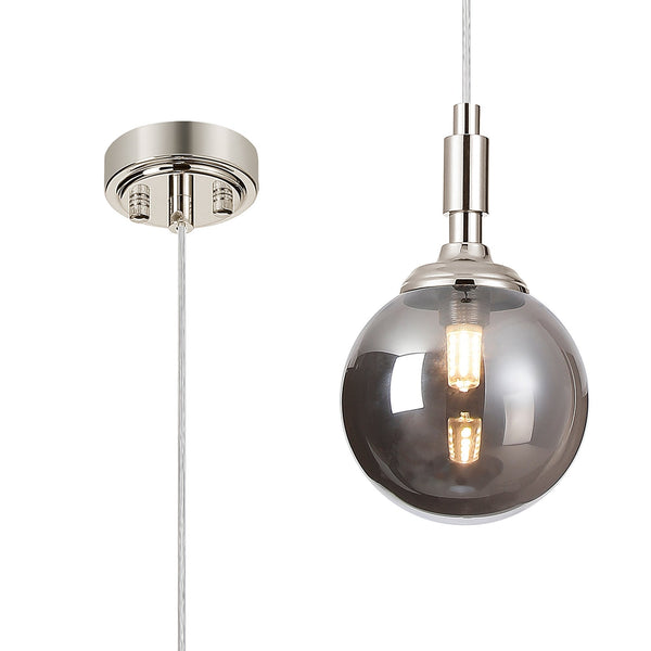 Loughton IP44 Single Drop Pendant in Polished Nickel with Smooth Round Glass Smoked Diffuser