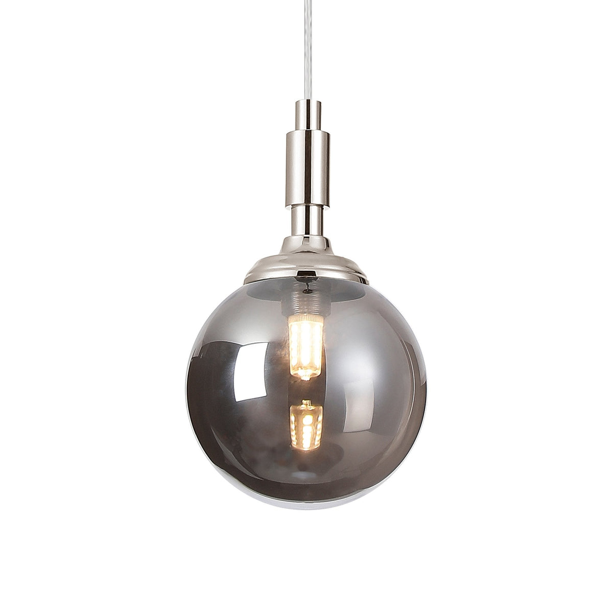Loughton IP44 Single Drop Pendant in Polished Nickel with Smooth Round Glass Smoked Diffuser