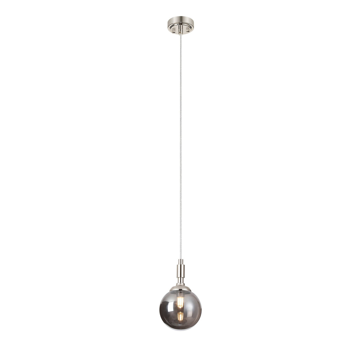 Loughton IP44 Single Drop Pendant in Polished Nickel with Smooth Round Glass Smoked Diffuser