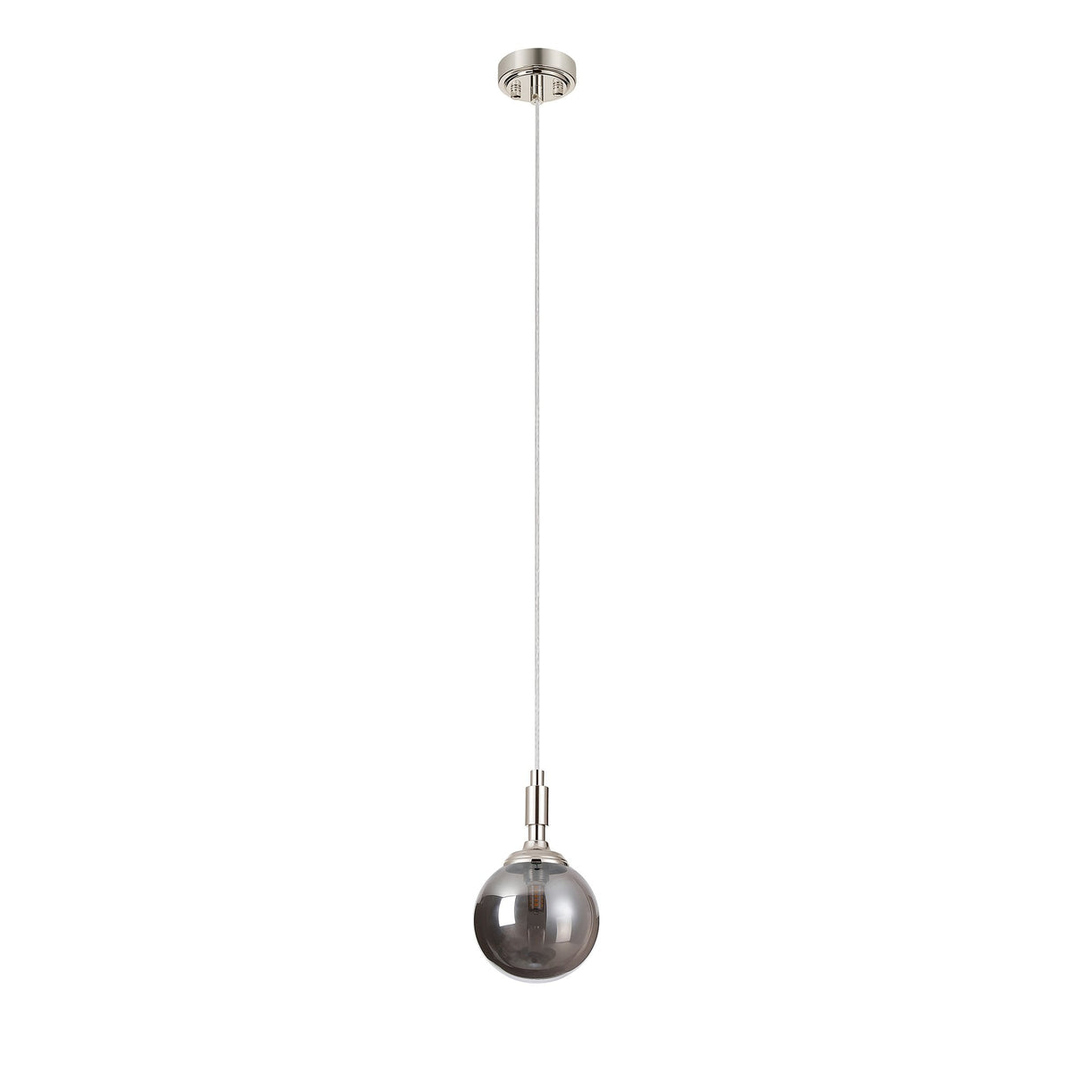 Loughton IP44 Single Drop Pendant in Polished Nickel with Smooth Round Glass Smoked Diffuser