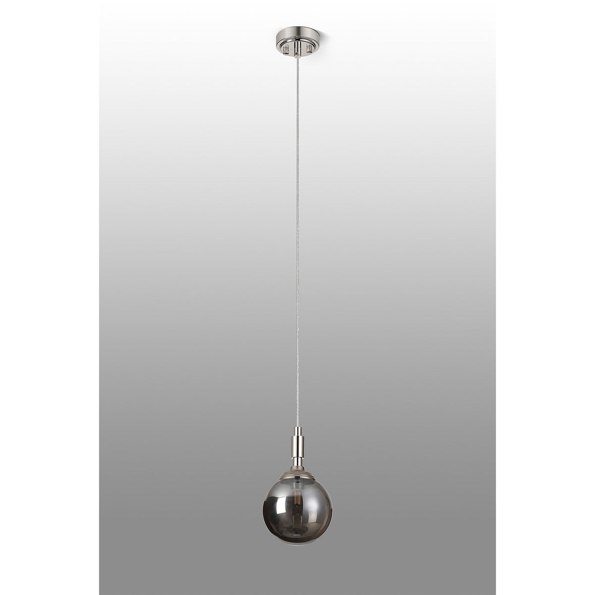 Loughton IP44 Single Drop Pendant in Polished Nickel with Smooth Round Glass Smoked Diffuser