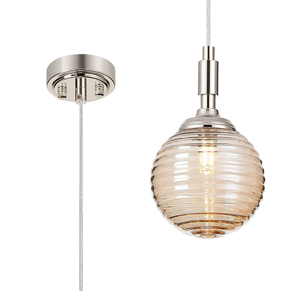 Loughton IP44 Single Drop Pendant in Polished Nickel with Ribbed Round Glass Amber Diffuser