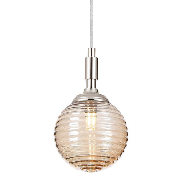Loughton IP44 Single Drop Pendant in Polished Nickel with Ribbed Round Glass Amber Diffuser