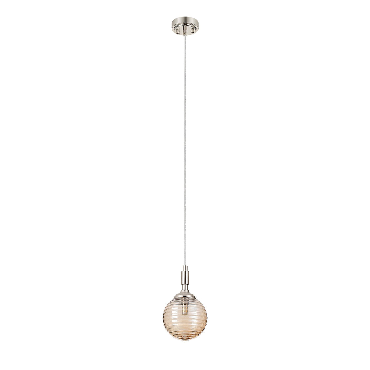 Loughton IP44 Single Drop Pendant in Polished Nickel with Ribbed Round Glass Amber Diffuser