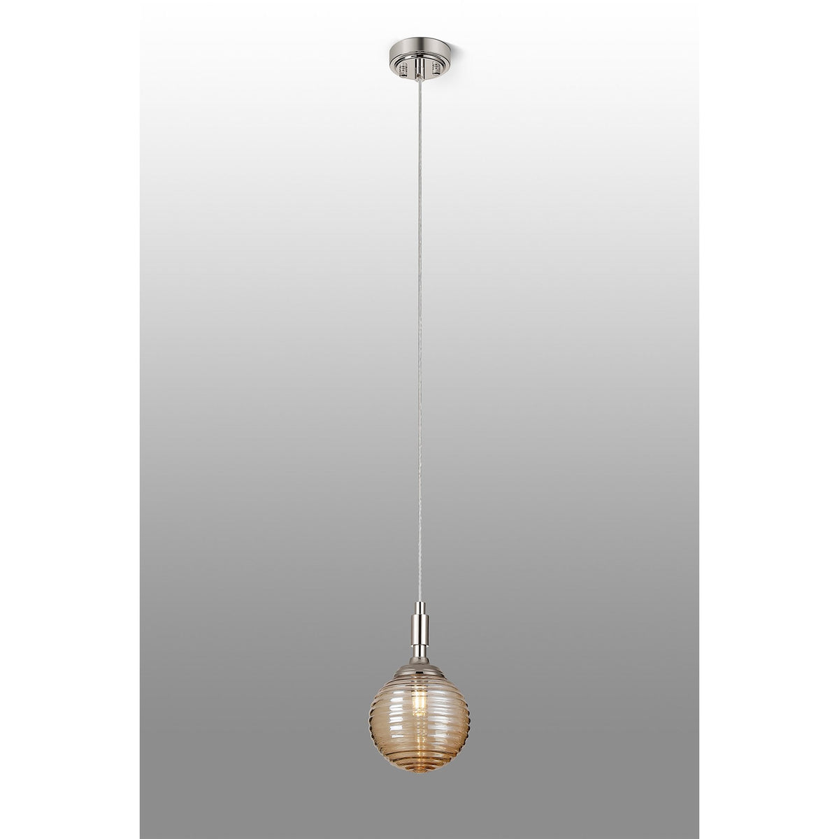 Loughton IP44 Single Drop Pendant in Polished Nickel with Ribbed Round Glass Amber Diffuser