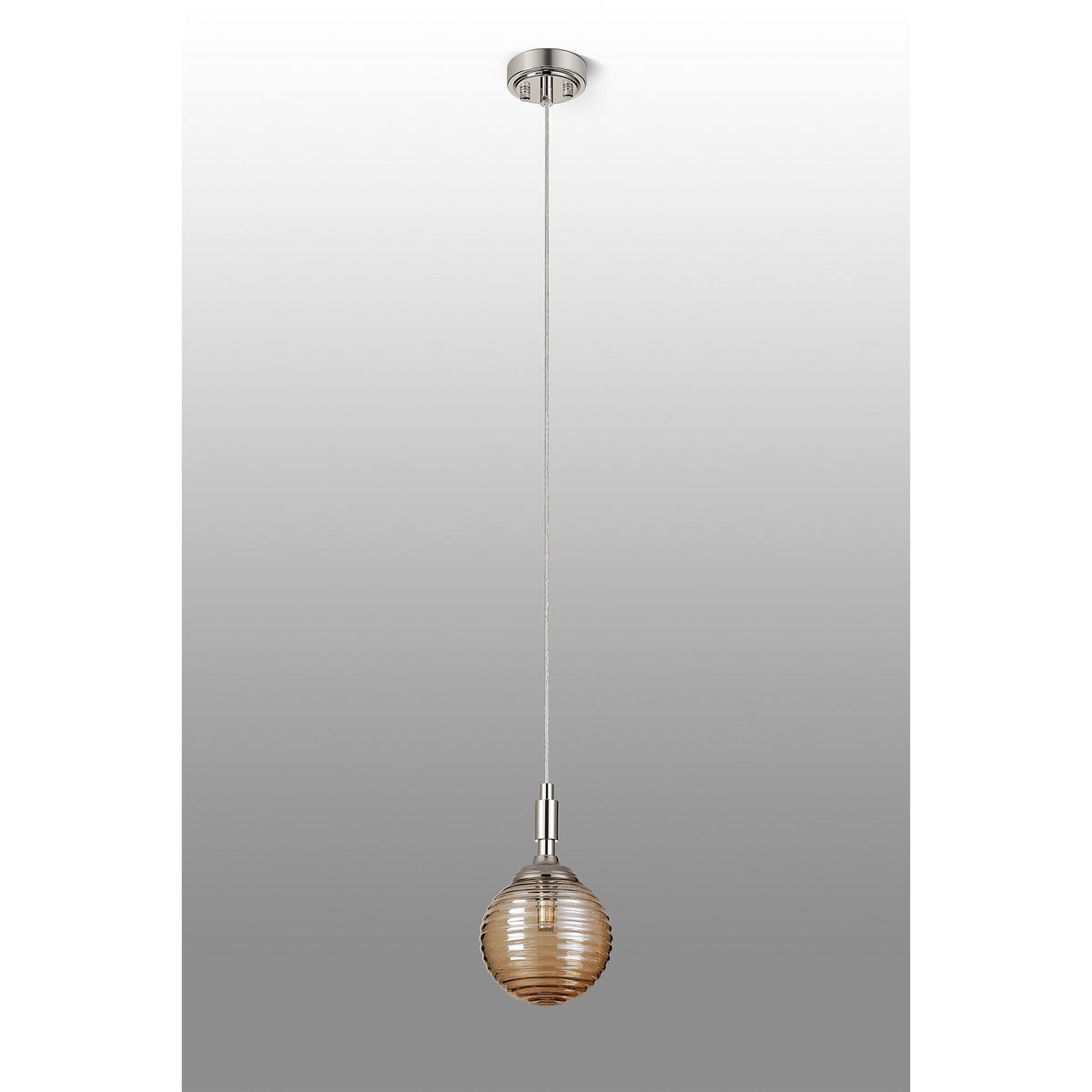 Loughton IP44 Single Drop Pendant in Polished Nickel with Ribbed Round Glass Amber Diffuser