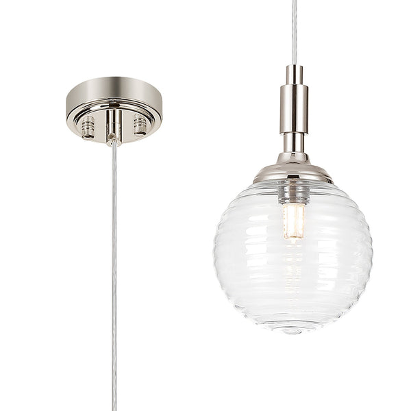 Loughton IP44 Single Drop Pendant in Polished Nickel with Ribbed Round Glass Clear Diffuser