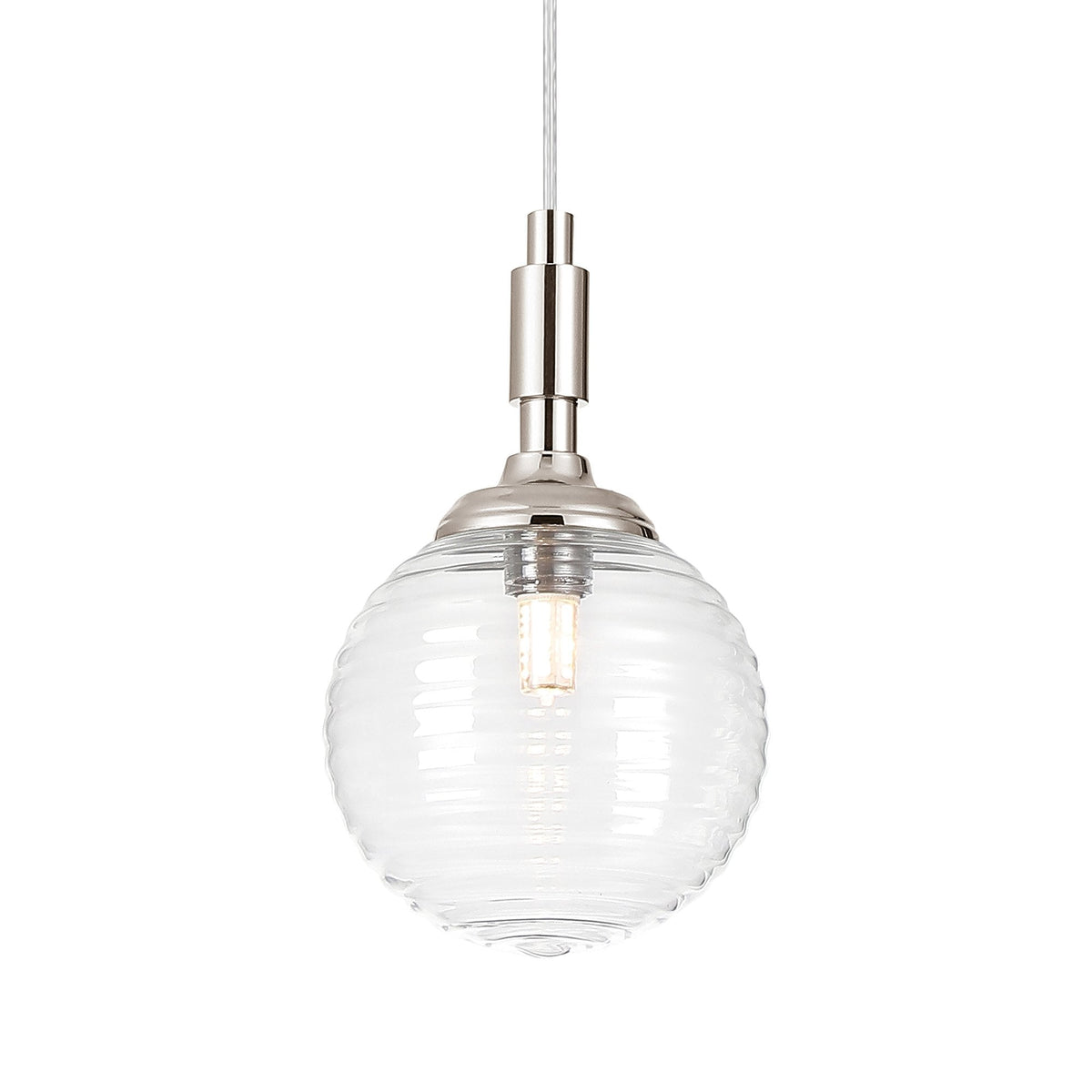 Loughton IP44 Single Drop Pendant in Polished Nickel with Ribbed Round Glass Clear Diffuser