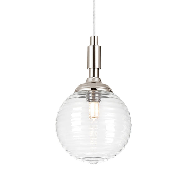 Loughton IP44 Single Drop Pendant in Polished Nickel with Ribbed Round Glass Clear Diffuser