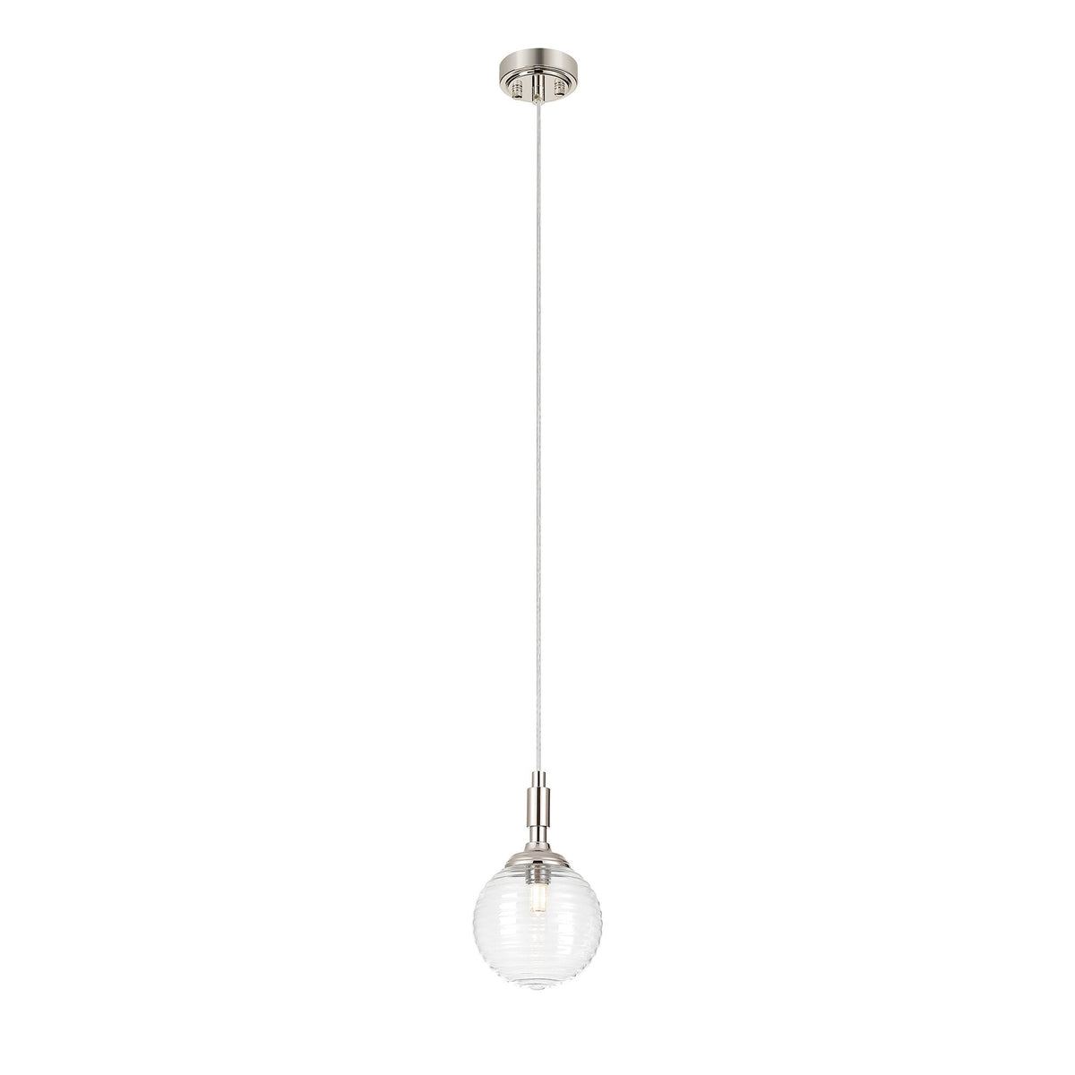 Loughton IP44 Single Drop Pendant in Polished Nickel with Ribbed Round Glass Clear Diffuser