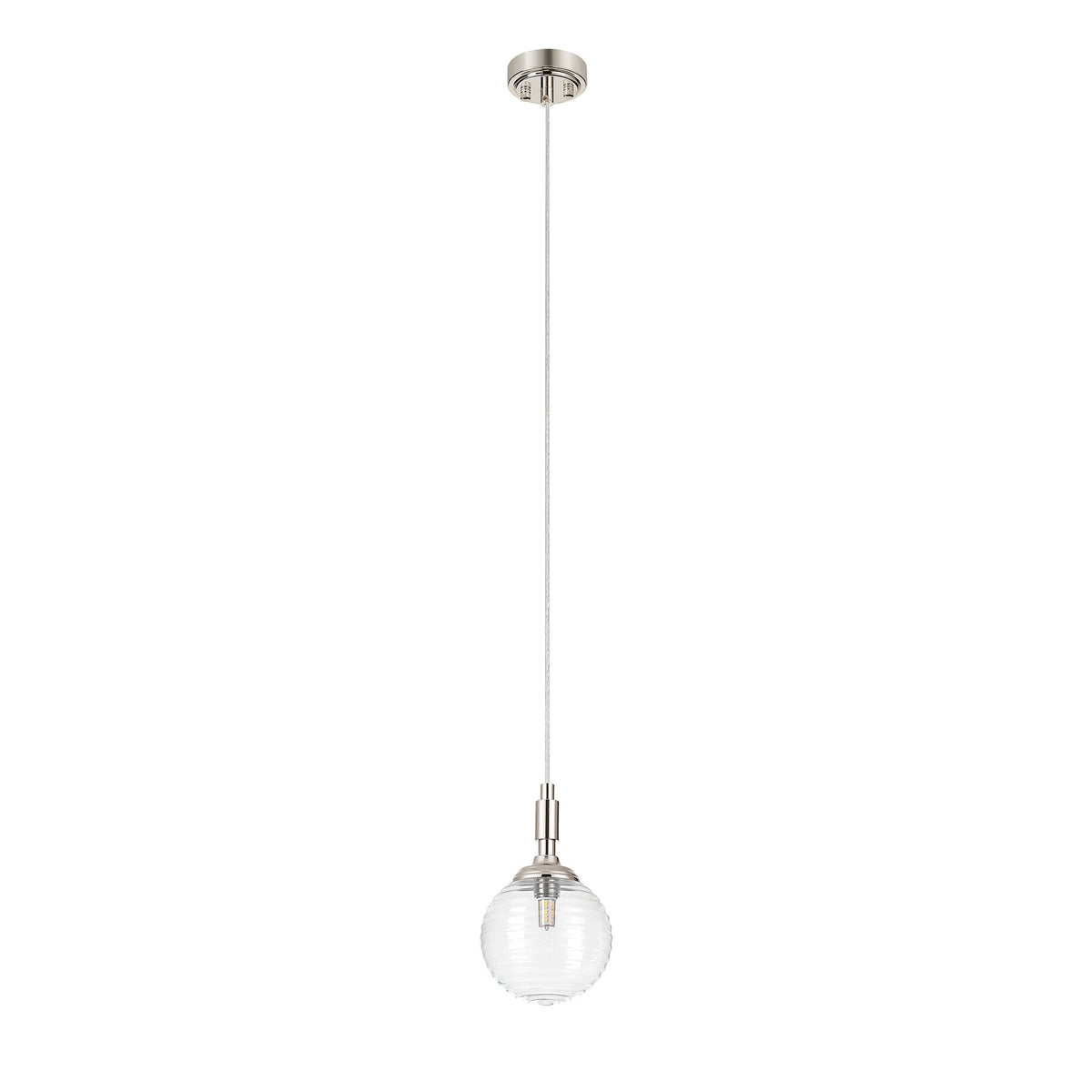 Loughton IP44 Single Drop Pendant in Polished Nickel with Ribbed Round Glass Clear Diffuser