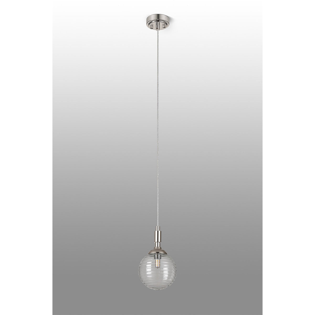 Loughton IP44 Single Drop Pendant in Polished Nickel with Ribbed Round Glass Clear Diffuser