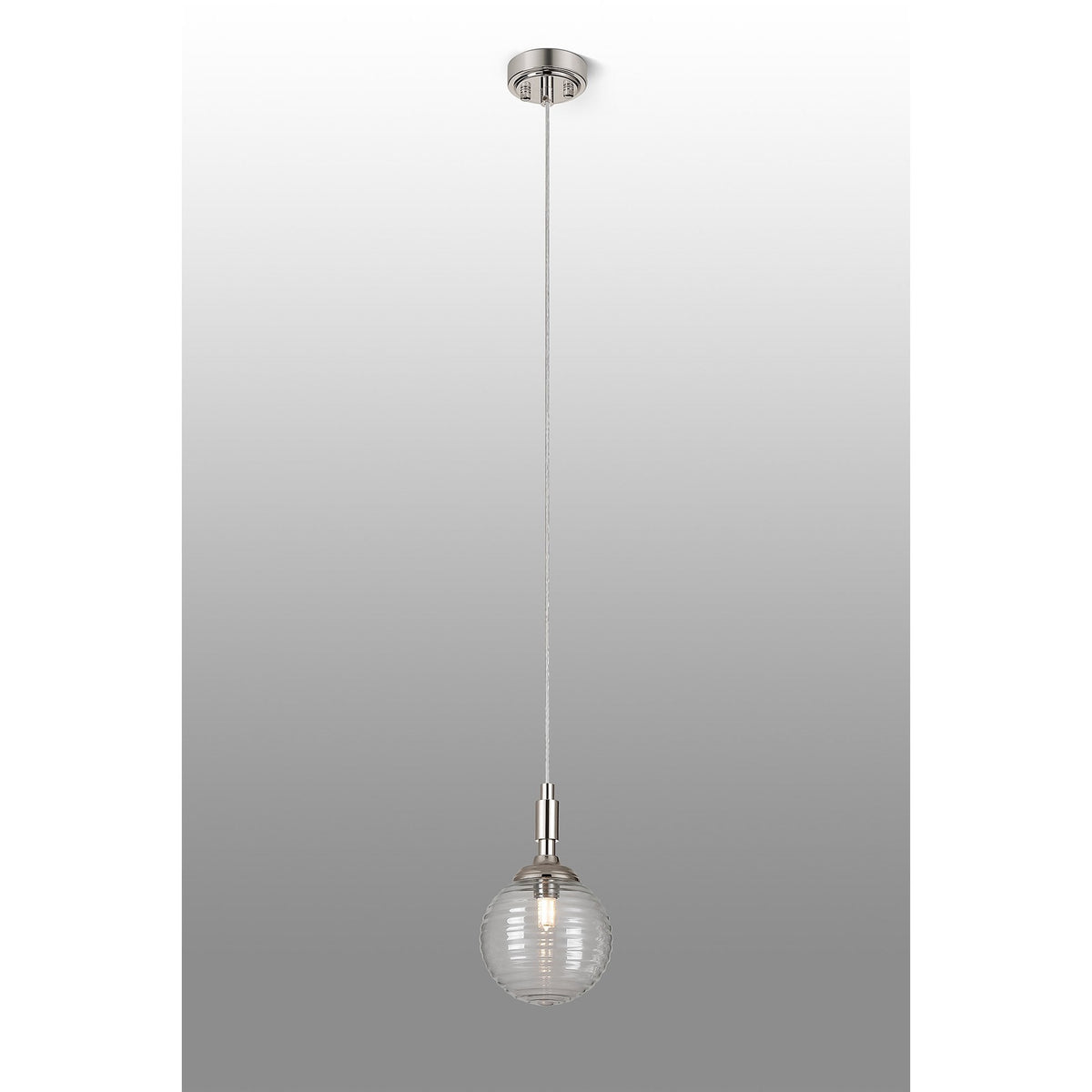 Loughton IP44 Single Drop Pendant in Polished Nickel with Ribbed Round Glass Clear Diffuser
