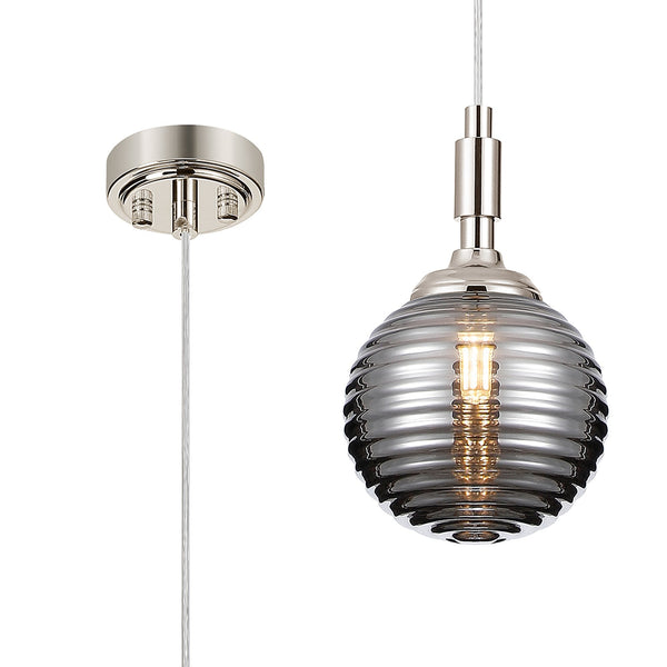 Loughton IP44 Single Drop Pendant in Polished Nickel with Ribbed Round Glass Smoked Diffuser