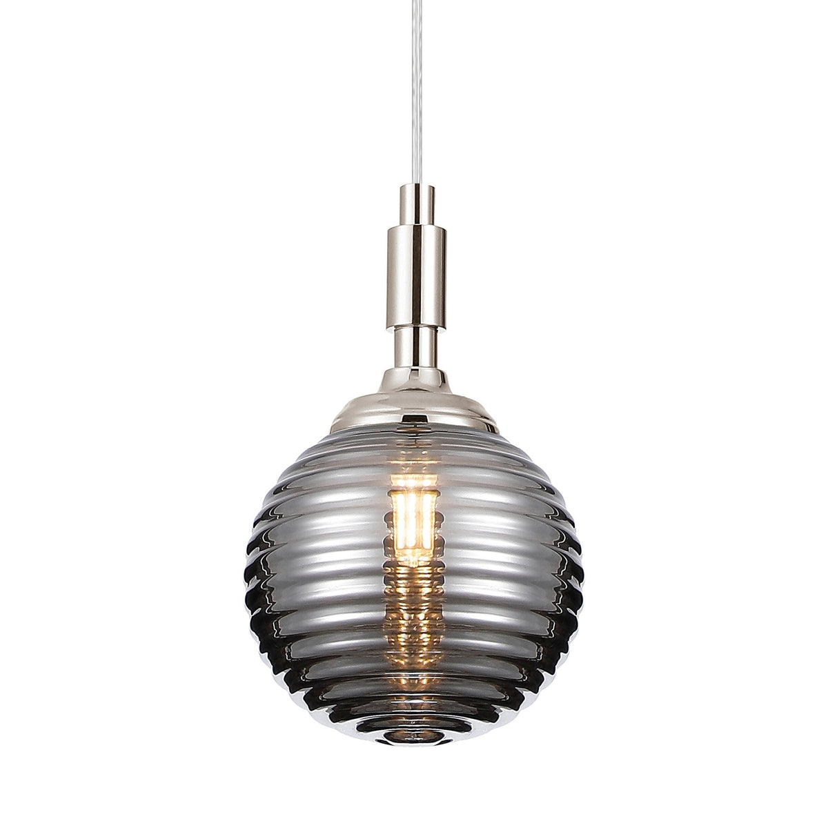 Loughton IP44 Single Drop Pendant in Polished Nickel with Ribbed Round Glass Smoked Diffuser