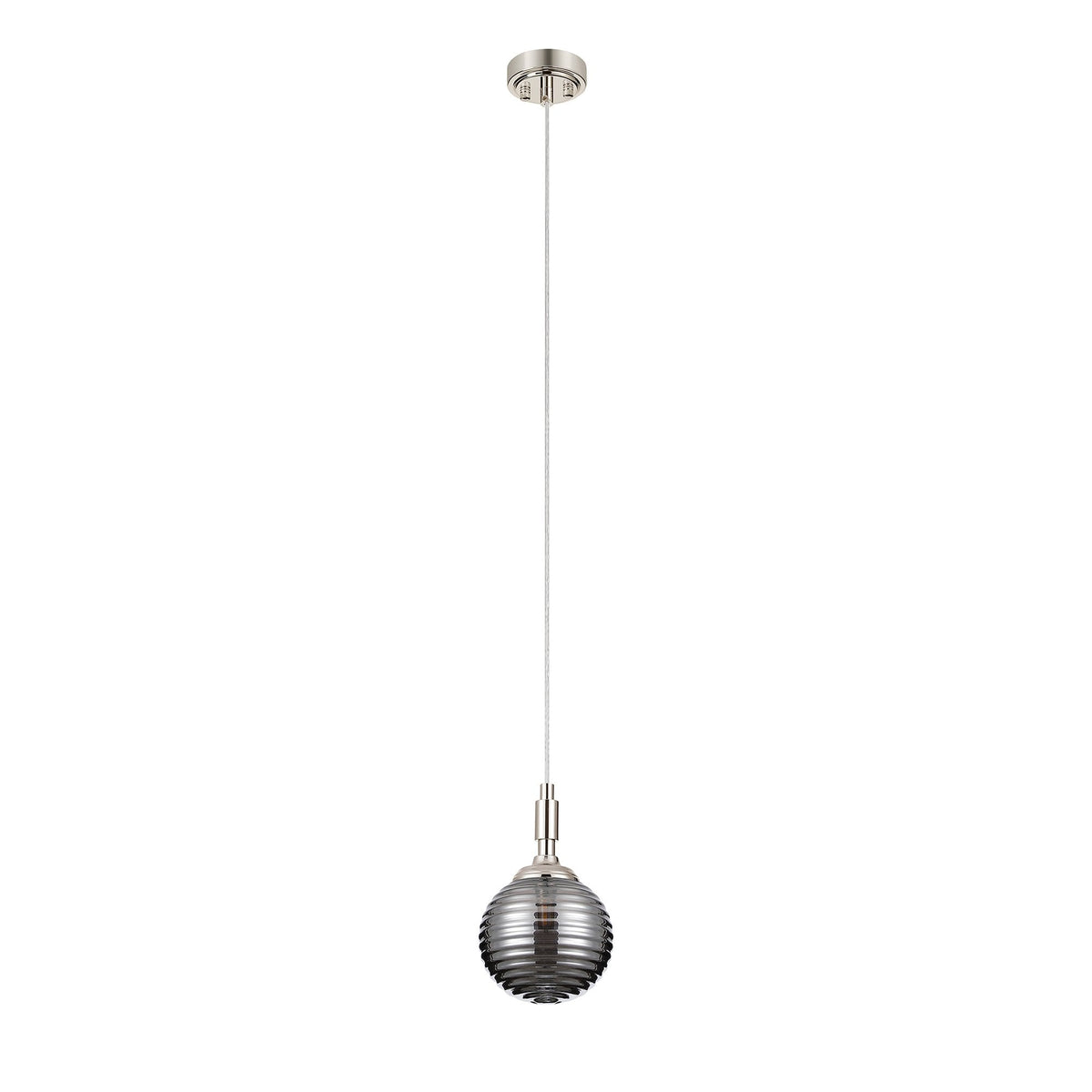 Loughton IP44 Single Drop Pendant in Polished Nickel with Ribbed Round Glass Smoked Diffuser