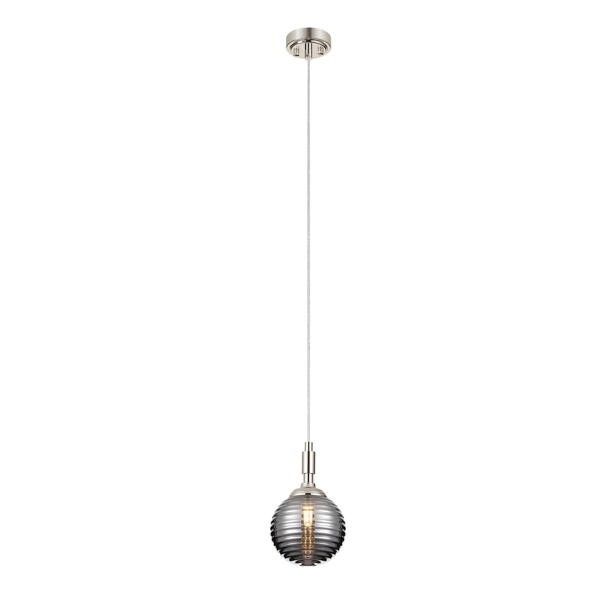 Loughton IP44 Single Drop Pendant in Polished Nickel with Ribbed Round Glass Smoked Diffuser
