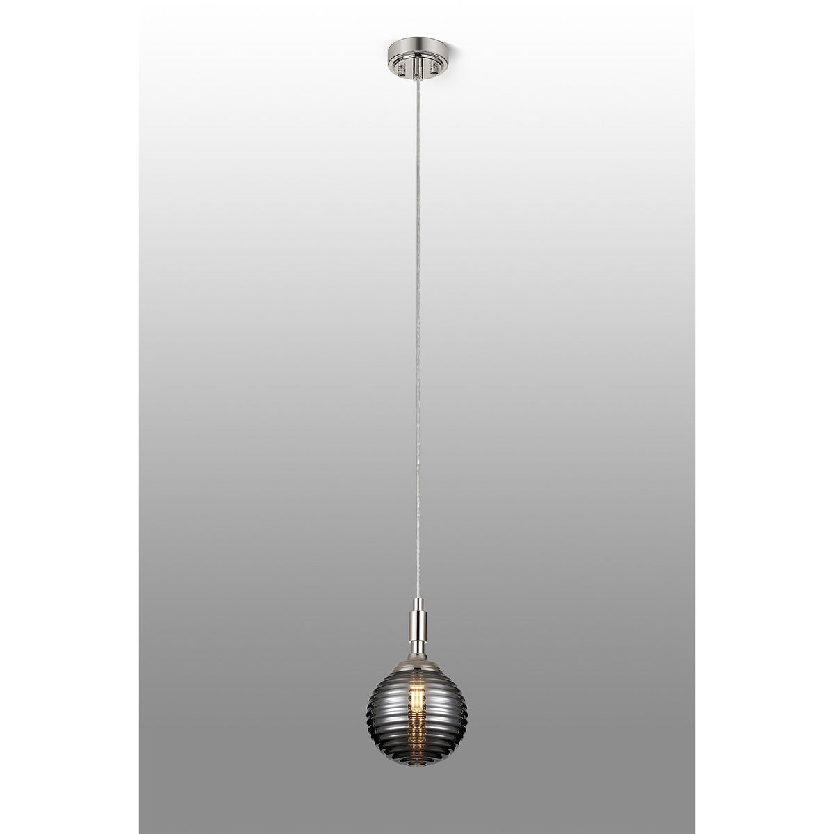 Loughton IP44 Single Drop Pendant in Polished Nickel with Ribbed Round Glass Smoked Diffuser