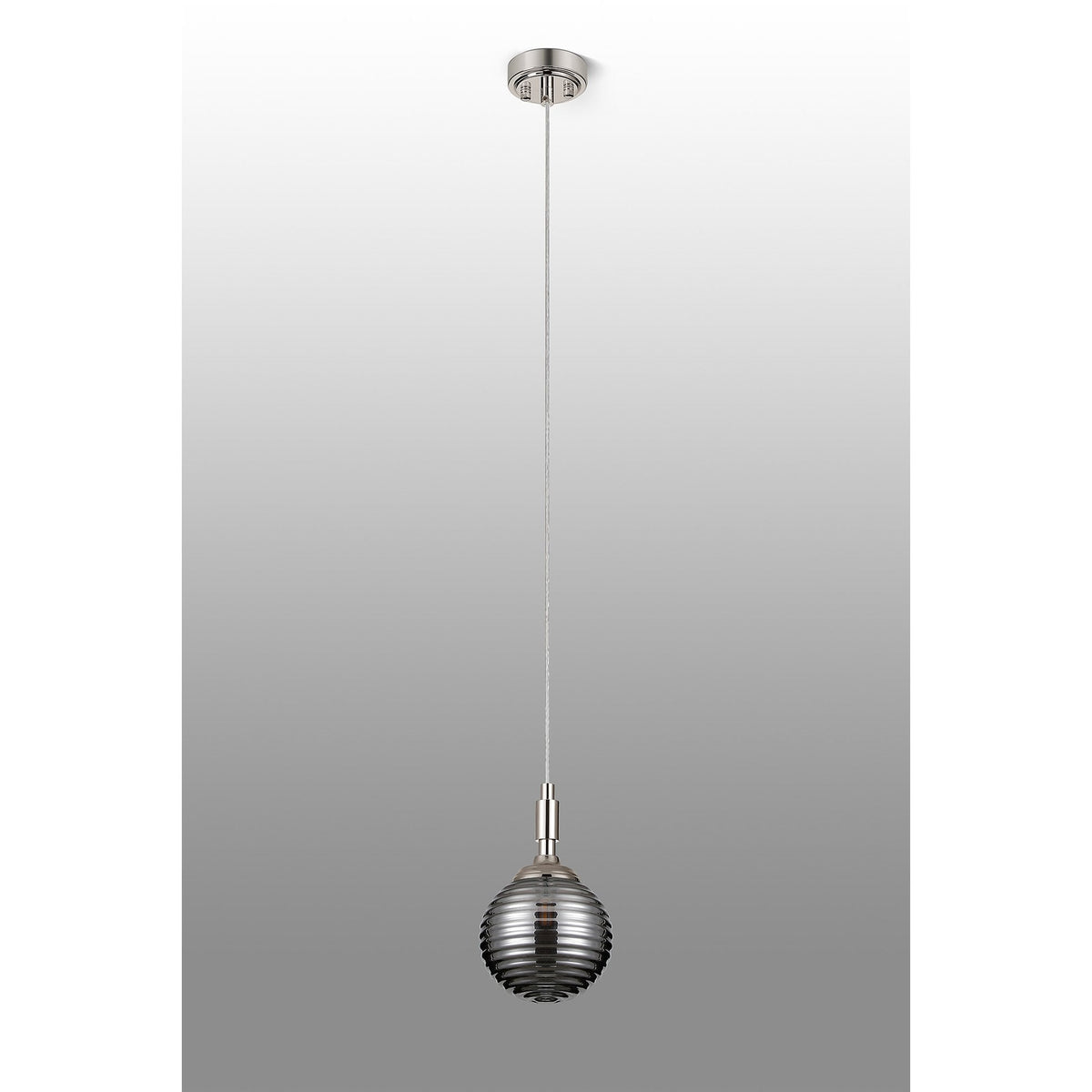 Loughton IP44 Single Drop Pendant in Polished Nickel with Ribbed Round Glass Smoked Diffuser