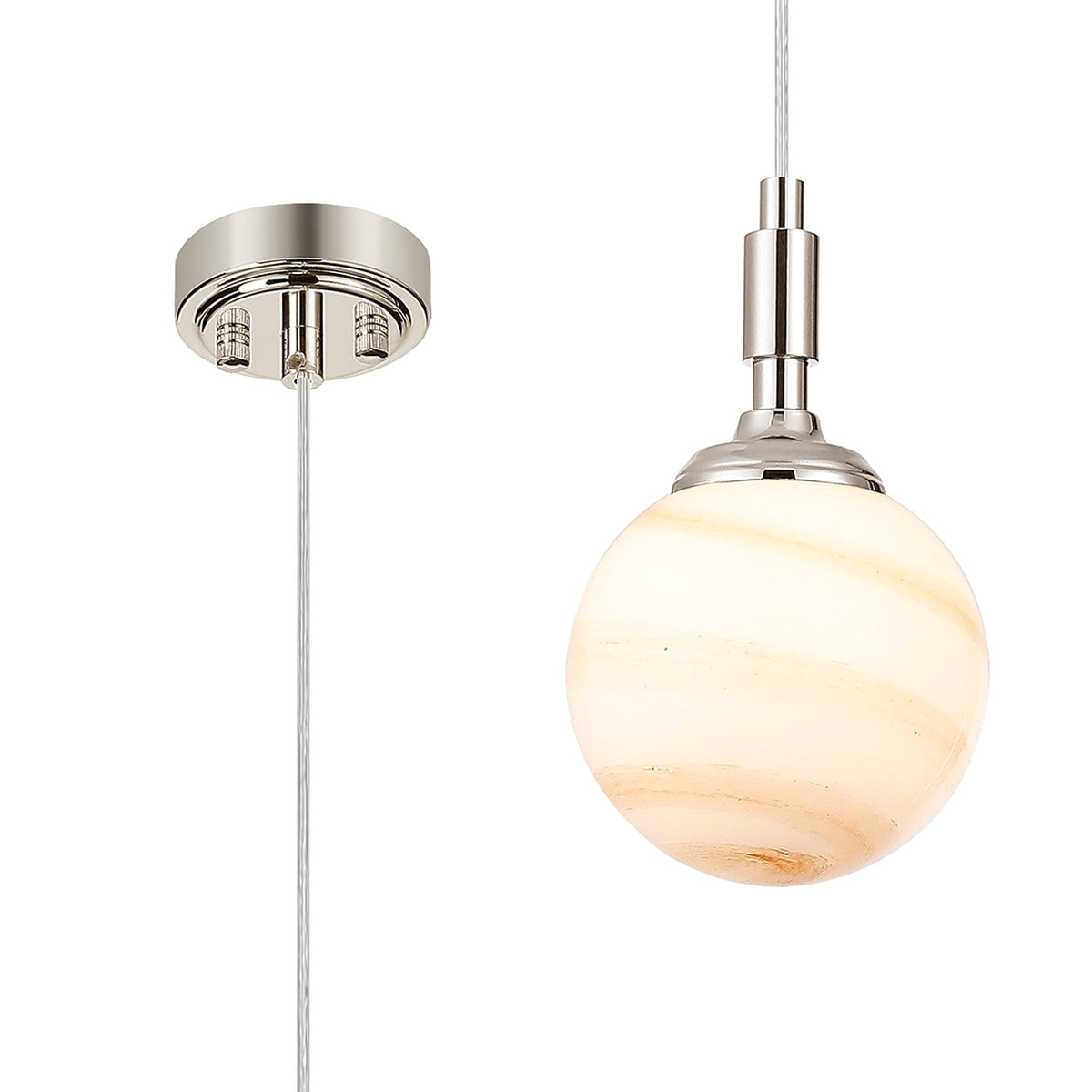 Loughton IP44 Single Drop Pendant in Polished Nickel with Round Glass Brown & White Marble Effect Diffuser