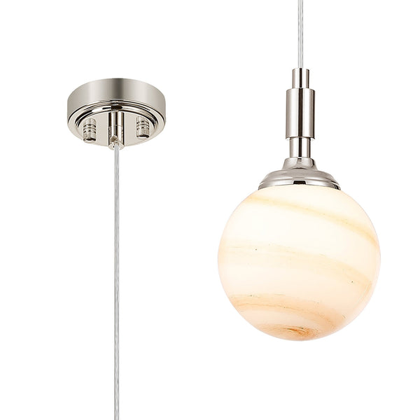 Loughton IP44 Single Drop Pendant in Polished Nickel with Round Glass Brown & White Marble Effect Diffuser