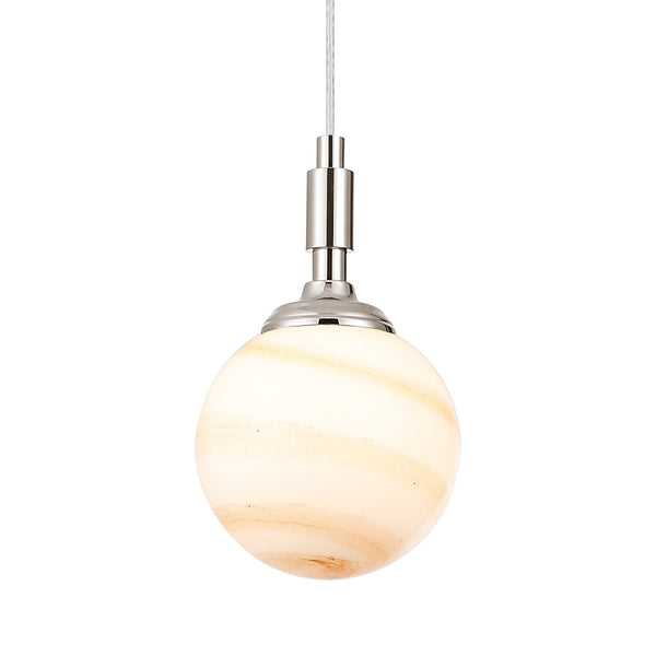 Loughton IP44 Single Drop Pendant in Polished Nickel with Round Glass Brown & White Marble Effect Diffuser